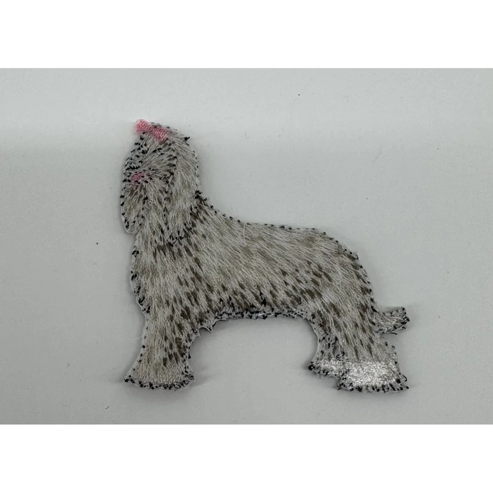 Vintage Embroidered Lhasa Apso Dog Patch Sew On Applique Cute Pink Bow Puppy